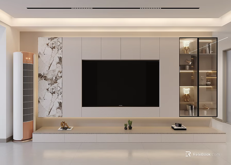Modern TV Wall Design With Marble Texture Display Cabinets And Decorative Plants 3d model 