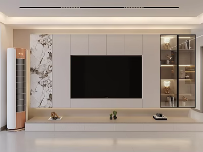 Modern TV Wall Design With Marble Texture Display Cabinets And Decorative Plants 3d model