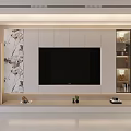 Modern TV Wall Design With Marble Texture Display Cabinets And Decorative Plants