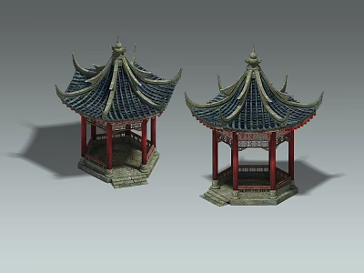 Ancient Chinese Traditional Pavilions With Blue Tiled Roofs And Red Pillars 3d model