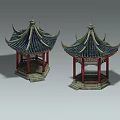 Ancient Chinese Traditional Pavilions With Blue Tiled Roofs And Red Pillars