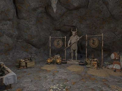 Ancient Cave Interior With Horned Statue Decorative Banners Pots Table And Shields 3d model