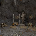 Ancient Cave Interior With Horned Statue Decorative Banners Pots Table And Shields