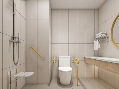 Public Restroom Interior With Accessible Handrails Modern Tile Walls And Clean Sink Design 3d model