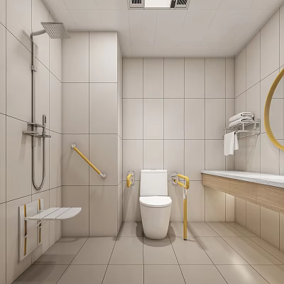 Public Restroom Interior With Accessible Handrails Modern Tile Walls And Clean Sink Design 3d model