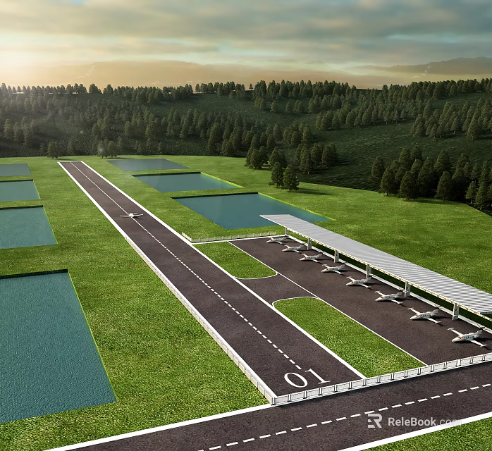 Aerial View of Airport Runway Marked 01 with Green Grass Trees and Water Areas 3d model 