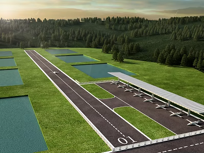 Aerial View of Airport Runway Marked 01 with Green Grass Trees and Water Areas 3d model