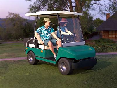 Two People Riding Golf Cart On Grassy Course 3d model