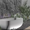 Modern Natural Bathroom Interior With Stone Wall Green Plants And White Bathtub