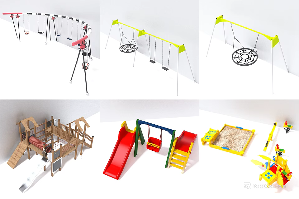 Outdoor Playground Equipment With Swings Slides Sandpit And Climbing Frames For Kids 3d model 
