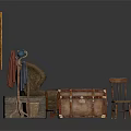 Vintage Building Interior Featuring Woven Chair Wooden Trunk Picture Frame And Coat Rack