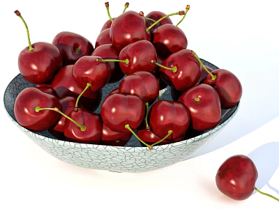 Red Cherries in Gray Cracked Texture Bowl with Single Cherry on Side 3d model
