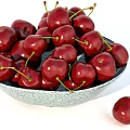 Red Cherries in Gray Cracked Texture Bowl with Single Cherry on Side 3d model