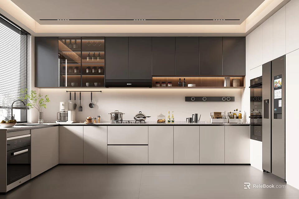 Modern Open Kitchen Interior Featuring Cabinets Countertop Appliances And Lighting Design 3d model 