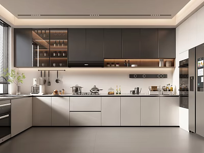 Modern Open Kitchen Interior Featuring Cabinets Countertop Appliances And Lighting Design 3d model