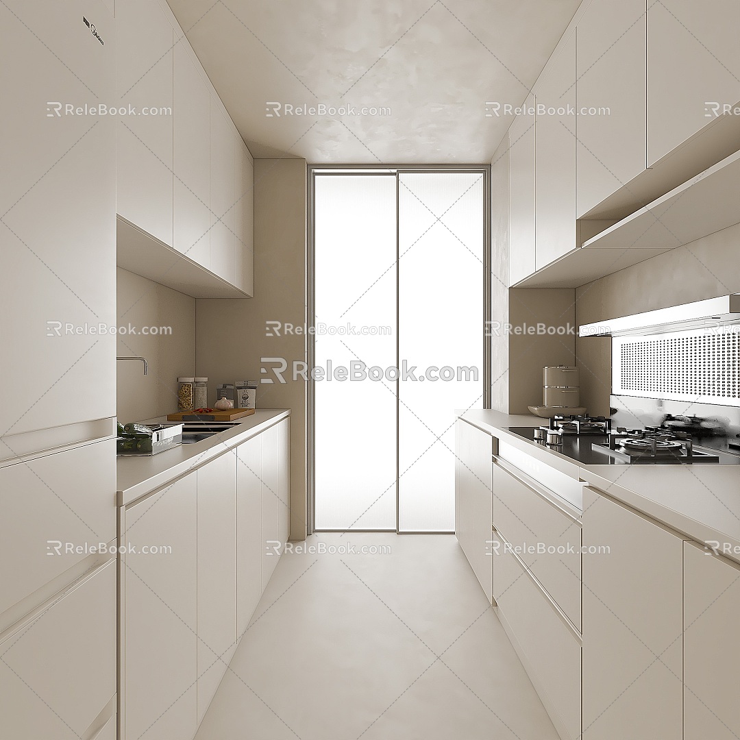 Kitchen Cream Style Kitchen Minimalist Kitchen Log Kitchen Refrigerator Range Hood 3d model