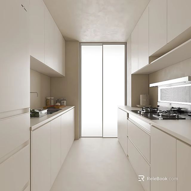 Modern White Kitchen Interior Design With Open Concept And Cabinet Countertops 3d model 