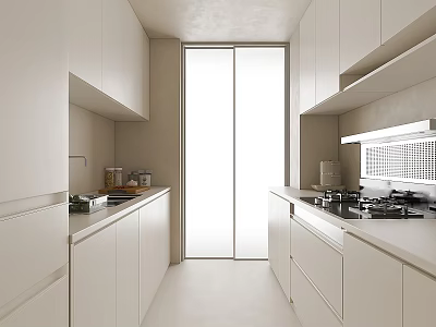 Modern White Kitchen Interior Design With Open Concept And Cabinet Countertops 3d model