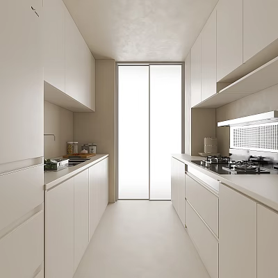 Modern White Kitchen Interior Design With Open Concept And Cabinet Countertops 3d model