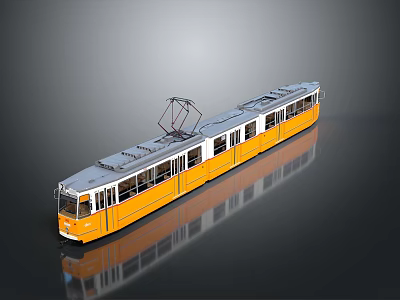 Orange and White Tram Featuring Multiple Carriages Pantograph on Grey Gradient Background with Ground Reflection 3d model