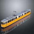 Orange and White Tram Featuring Multiple Carriages Pantograph on Grey Gradient Background with Ground Reflection