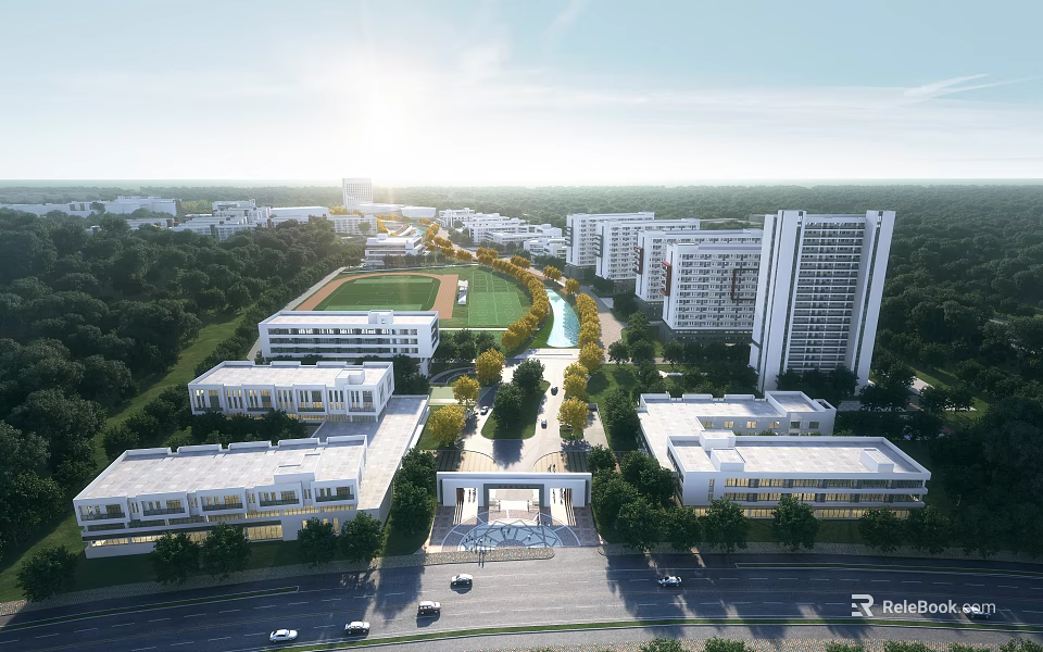 Modern School Campus Buildings With Greenery Sports Field Trees Road And Vehicles 3d model 