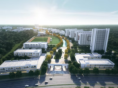 Modern School Campus Buildings With Greenery Sports Field Trees Road And Vehicles 3d model