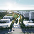 Modern School Campus Buildings With Greenery Sports Field Trees Road And Vehicles
