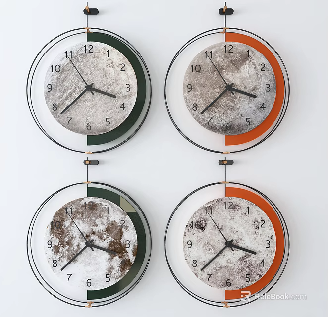 Four Modern Wall Clocks Featuring Green and Orange Frames and Moon Pattern Dials 3d model