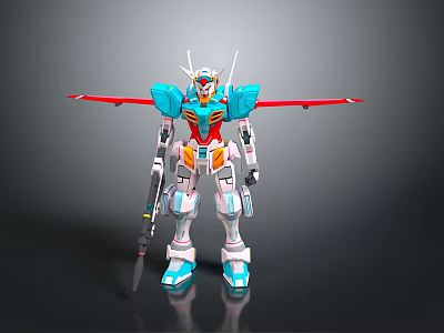 Game And Movie Character Blue Red Winged Robot With Weapon And White Yellow Details 3d model