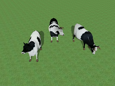 Three Black And White Cows Grazing On Green Grass Field Pasture 3d model