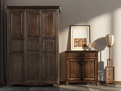 Classic Wooden Chest of Drawers with Tall Wardrobe Framed Picture and Floor Lamp 3d model