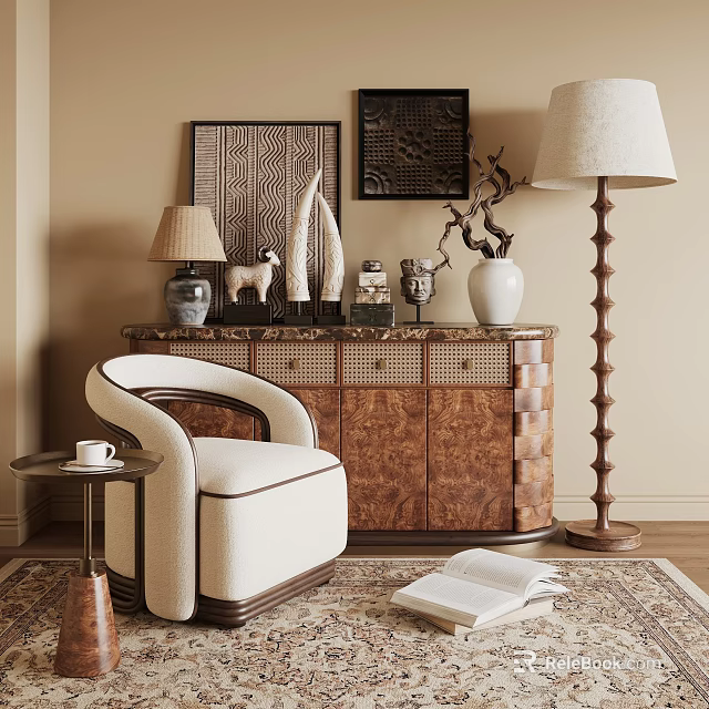 Wooden Console Cabinet In Entryway With Chair Lamp Decorative Items And Open Book 3d model 