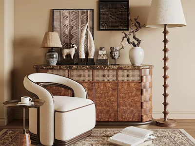 Wooden Console Cabinet In Entryway With Chair Lamp Decorative Items And Open Book 3d model