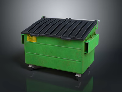 Green Trash Bin With Black Sloped Lid And Yellow Warning Label 3d model