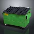 Green Trash Bin With Black Sloped Lid And Yellow Warning Label