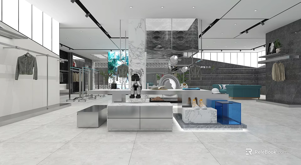Modern Clothing Store Interior With Display Tables Mannequins And Bright Lighting Design 3d model 