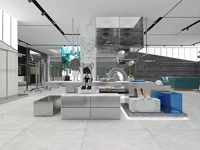 Modern Clothing Store Interior With Display Tables Mannequins And Bright Lighting Design 3d model