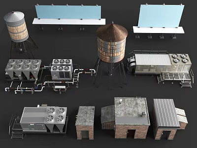 Various Industrial Architectural Models Featuring Water Towers Sheds And Equipment 3d model