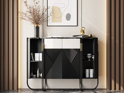 Modern Black White Entryway Side Cabinet With Geometric Pattern And Decorative Vase Books 3d model