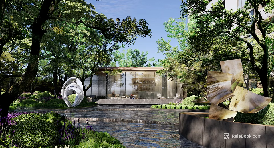 Residential Landscape Design With Lush Trees Water Feature Modern Building And Sculpture 3d model 