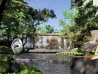 Residential Landscape Design With Lush Trees Water Feature Modern Building And Sculpture 3d model