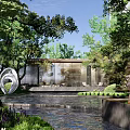 Residential Landscape Design With Lush Trees Water Feature Modern Building And Sculpture