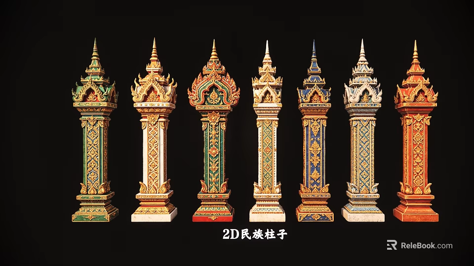 2D Ethnic Pillars with Traditional Decorative Patterns and Colorful Designs 3d model 