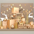 Happy New Year Decorative Display Featuring Golden Reindeer Christmas Tree Gift Boxes Balls And Flags