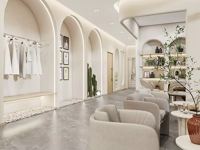 Shop Front Desk With Neutral Tones Arched Design And Cozy Seating 3d model