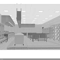 Commercial Kitchen With Stainless Steel Appliances Ventilation Hood Worktables And Storage Cabinets