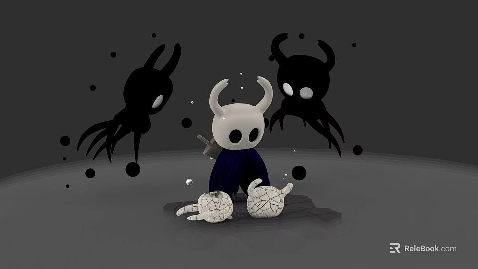 White Horned Character Standing Among Black Tentacled Shadow Creatures And Broken Shells 3d model