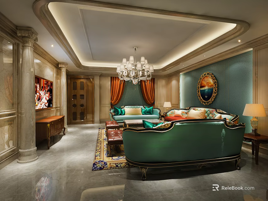 Luxurious KTV Interior Design With Green Sofas Chandelier And Decorative Elements 3d model 