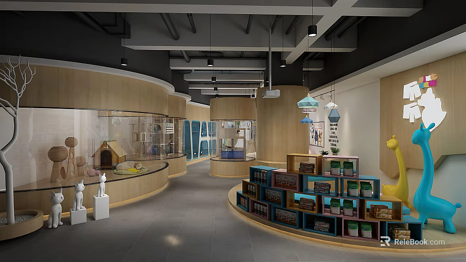 Kid Friendly Children's Toy Store in Mall with Curved Wooden Shelves and Animal Decorations 3d model 